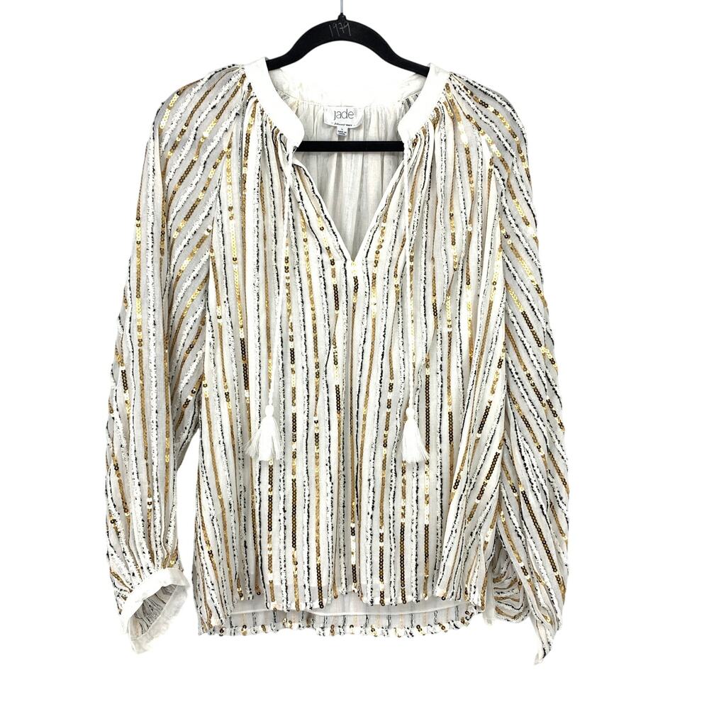 Johnny Was Jade Blouse Sz L Sequin Ivory Gold Black Striped Tassel Boho Top